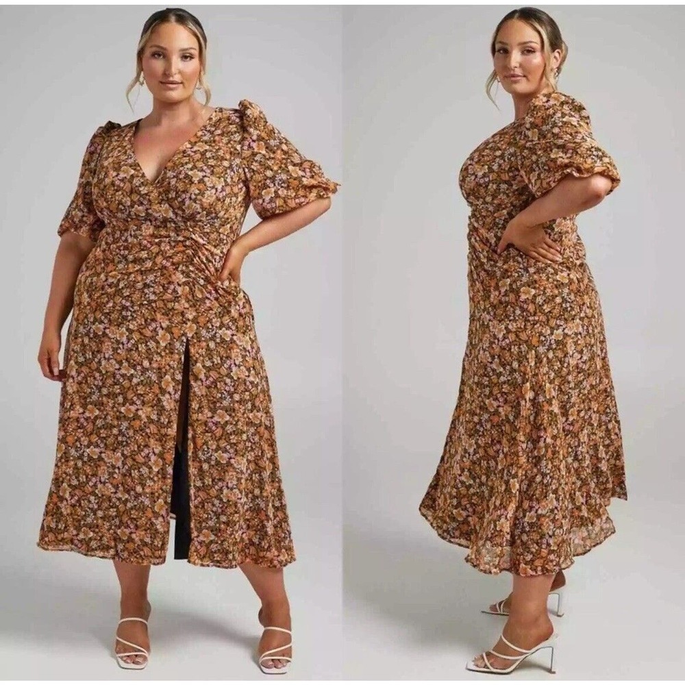 NWT Showpo Loree Midi Dress Puff Sleeve High Slit Black Floral Womens Size 16